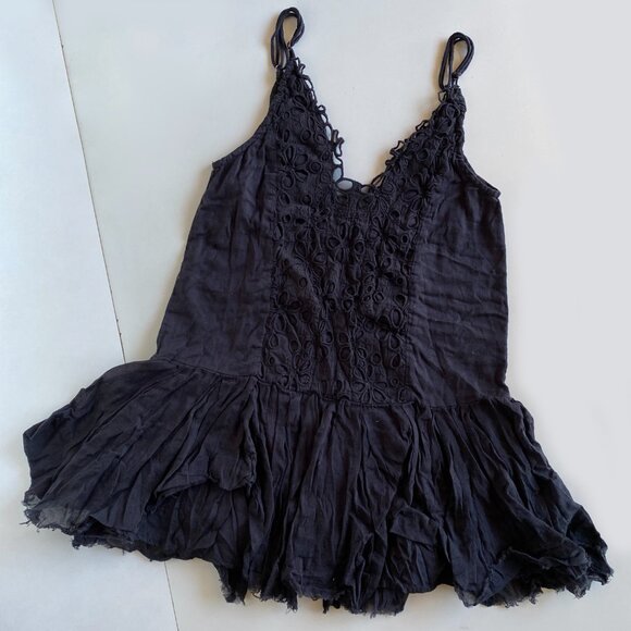 FP One Free People Black Eyelet Lace Mini Dress XS Boho Cotton Slip Crochet - Picture 1 of 8
